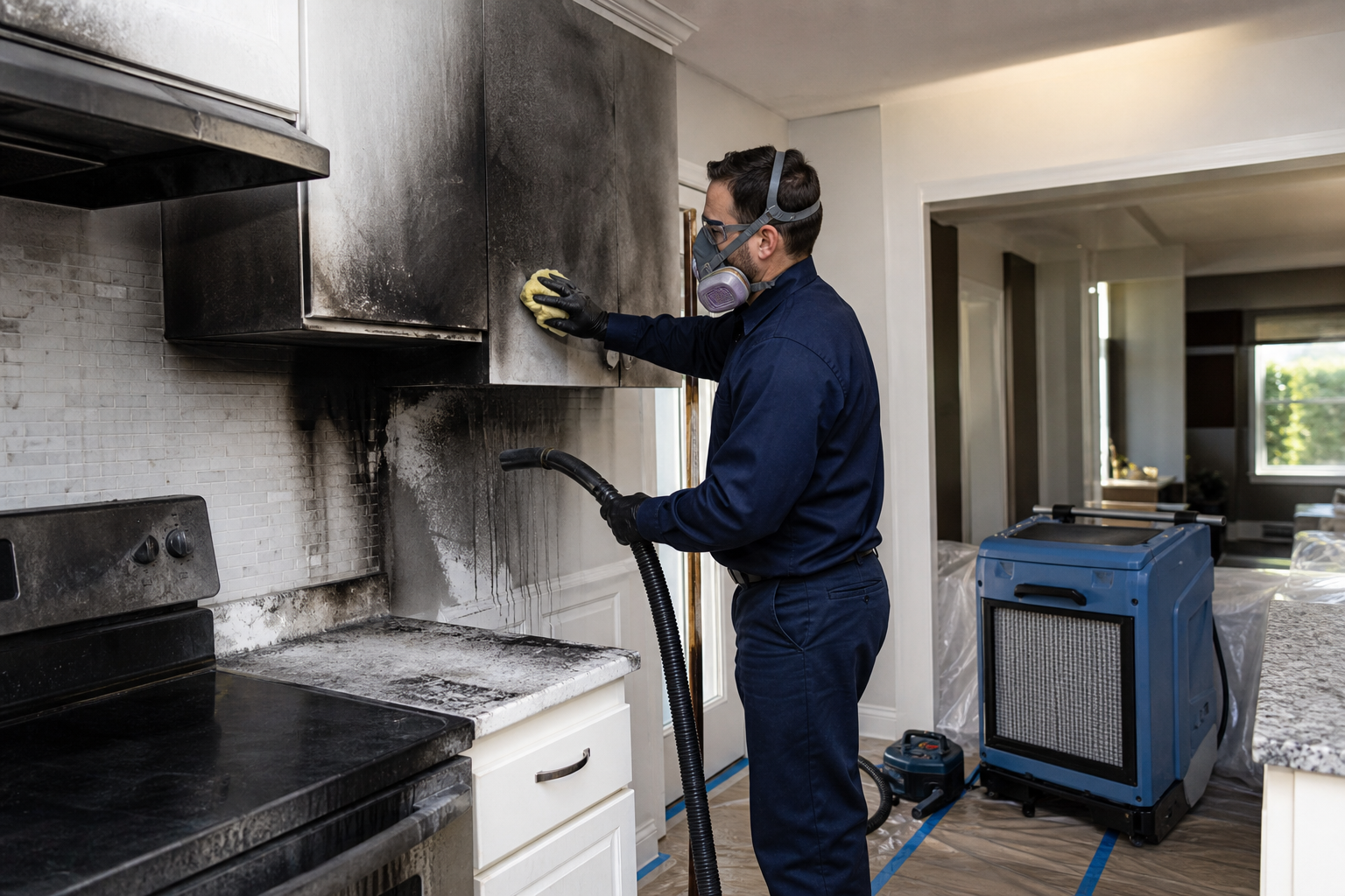 Technician cleaning soot after a small kitchen fire