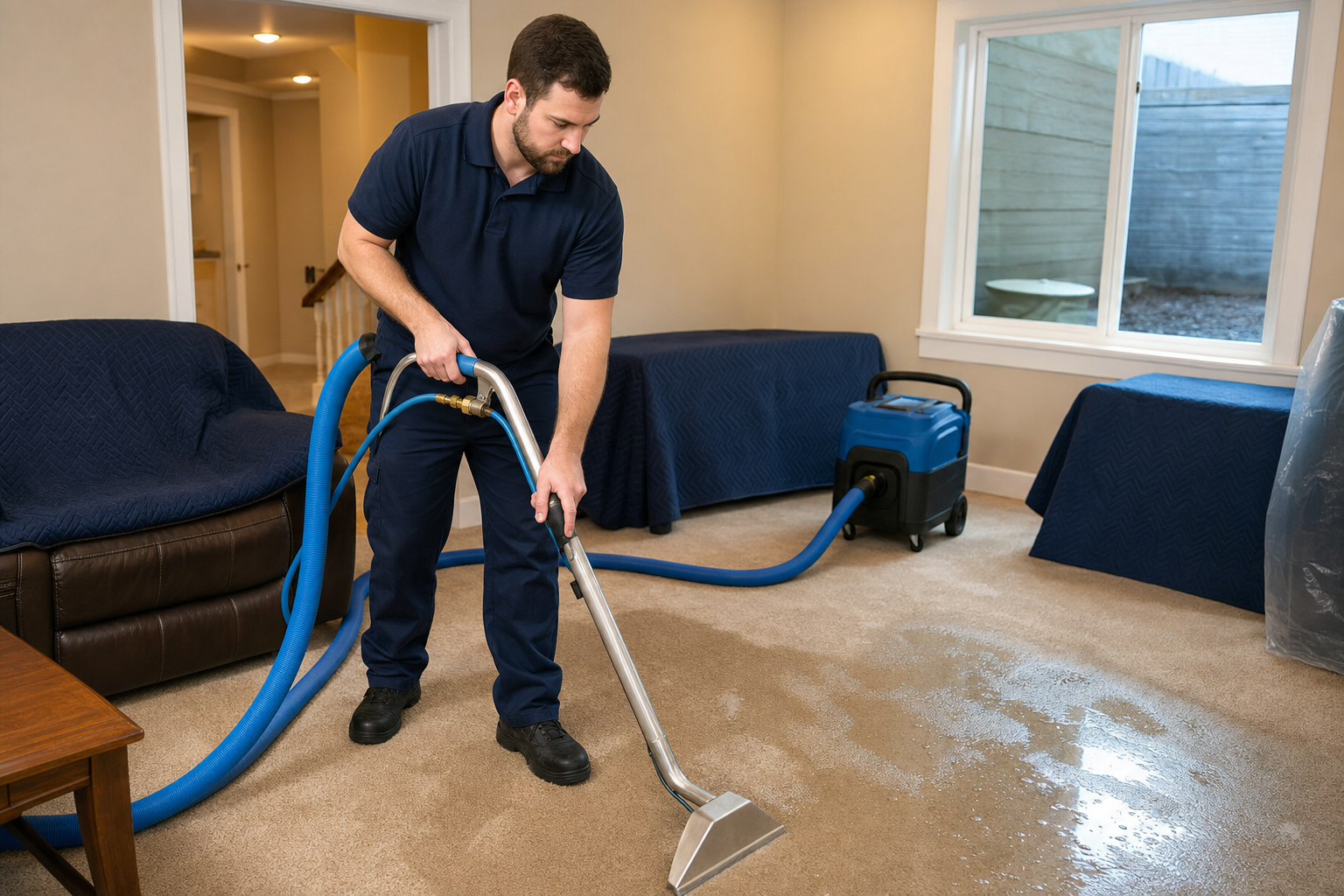Technician extracting water from wet carpet after a burst pipe